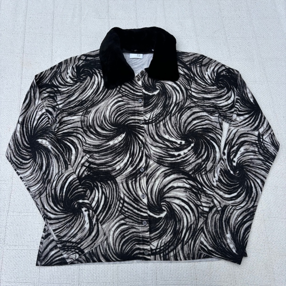 Women's Large TSE Cashmere Mink Fur Collar Abstract Long Sleeve Button Sweater